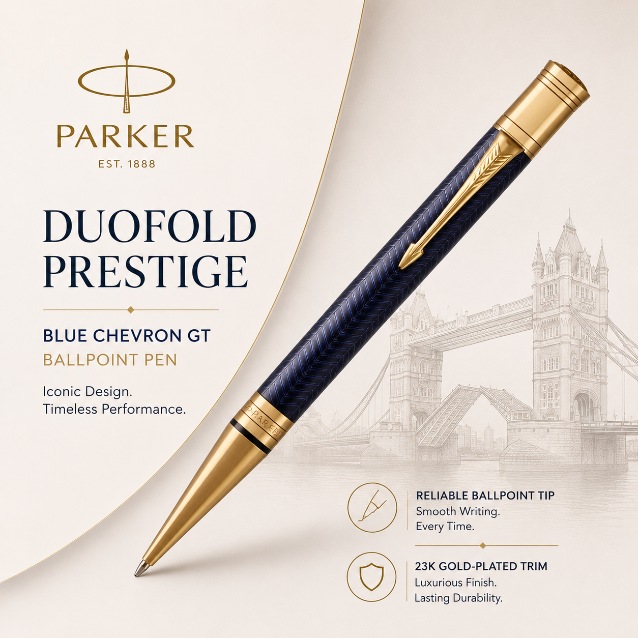Parker Duofold Prestige Blue Chevron GT Ballpoint Pen – 23K Gold-Plated Trim