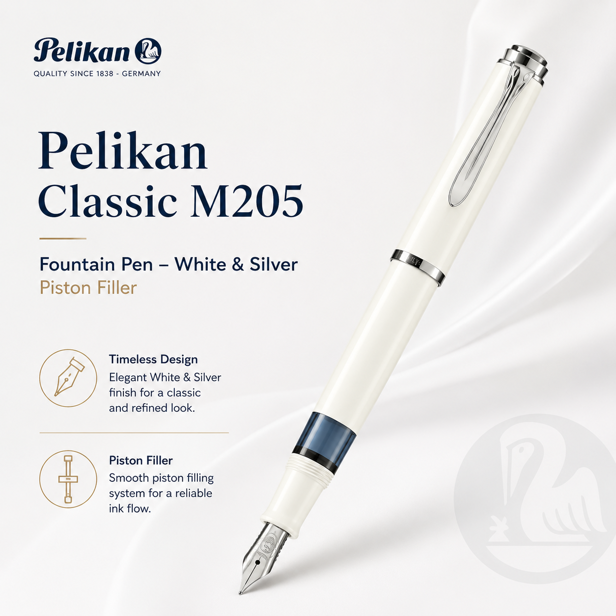 Pelikan Classic M205 Fountain Pen – White & Silver | Piston Filler | Made in Germany