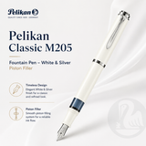 Pelikan Classic M205 Fountain Pen – White & Silver | Piston Filler | Made in Germany