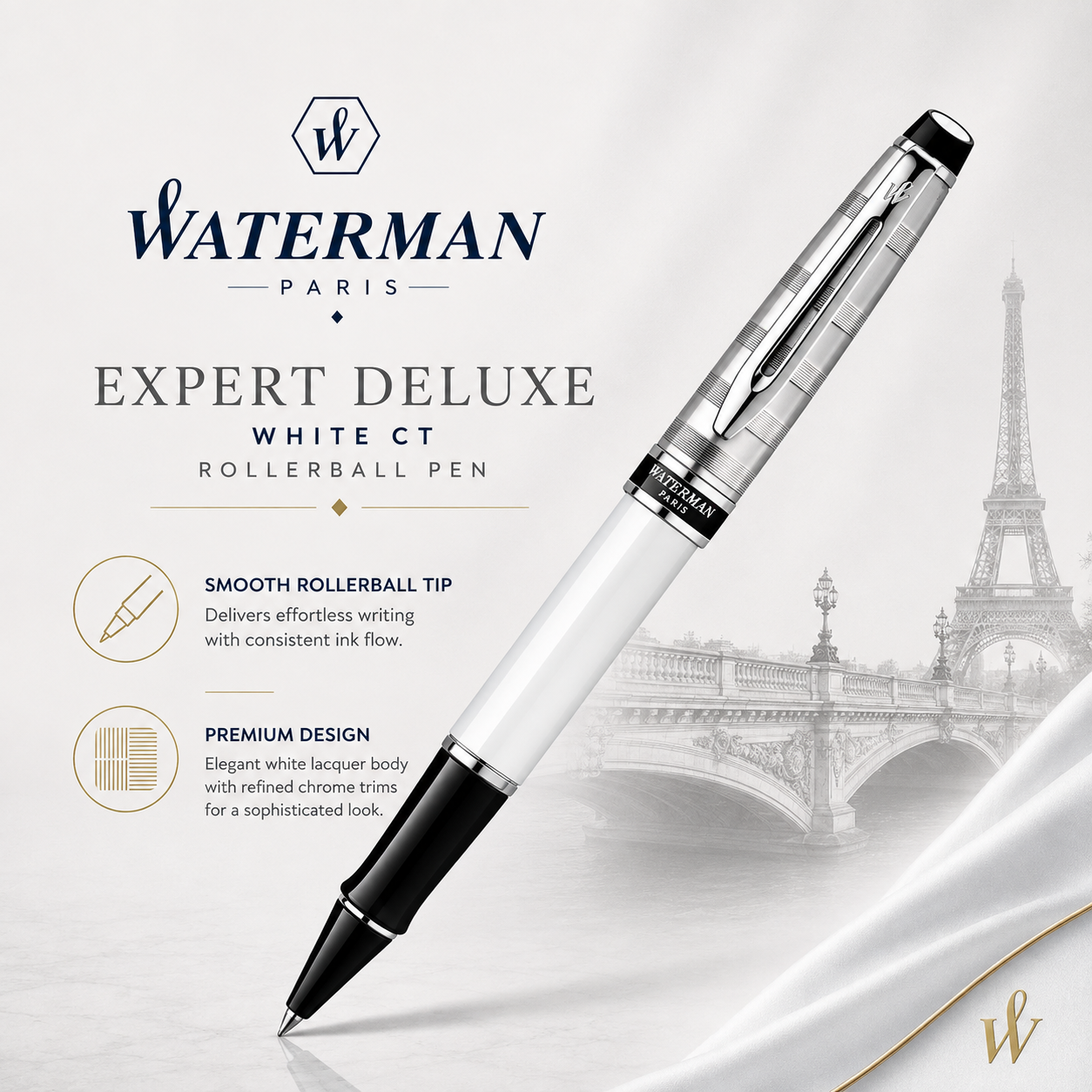 Waterman Expert Deluxe White CT Rollerball Pen – Premium Writing Instrument