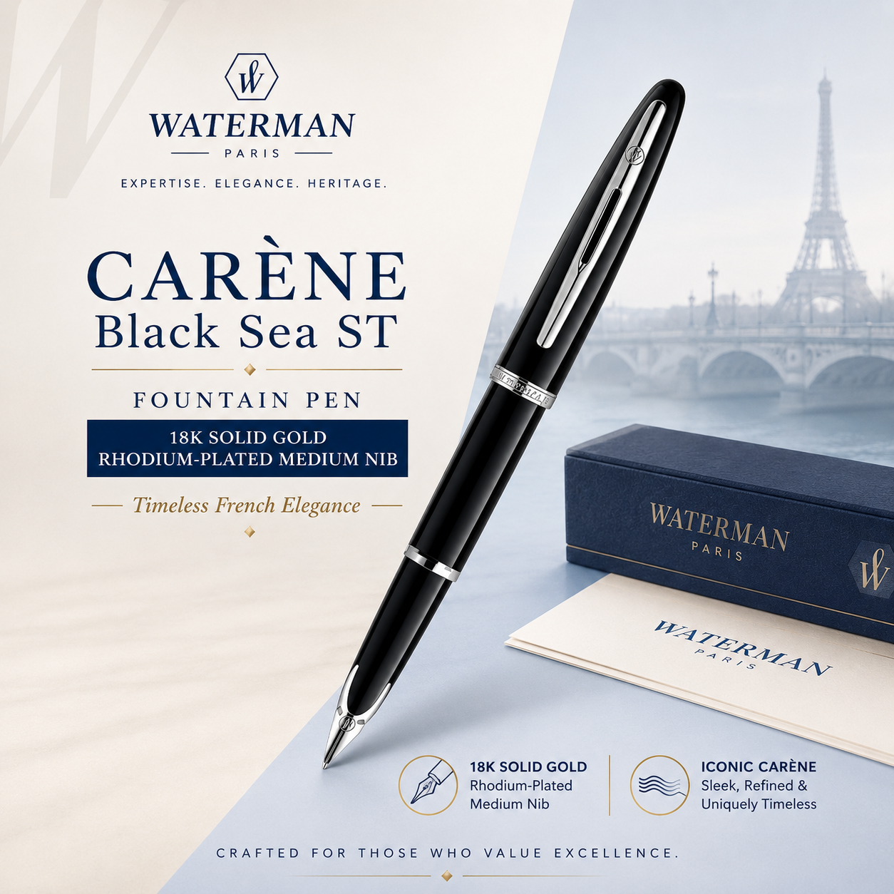 Waterman Carène Black Sea ST Fountain Pen – 18K Solid Gold Rhodium-Plated Medium Nib
