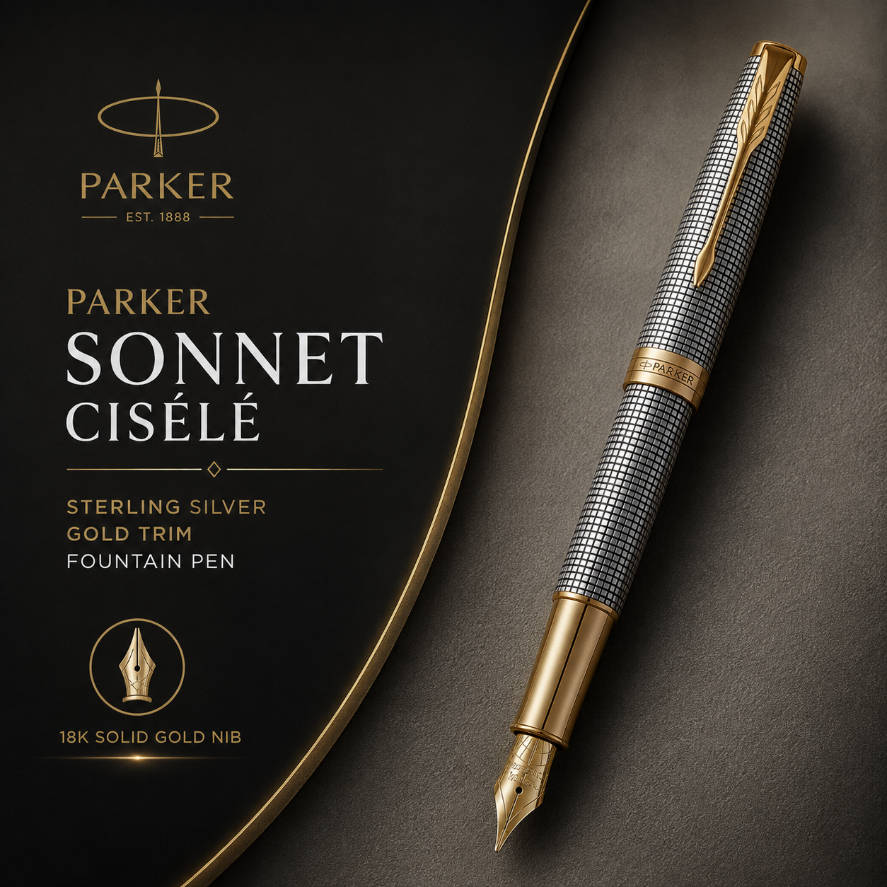 Parker Sonnet Ciselé Sterling Silver Gold Trim Fountain Pen 18 K Gold Nib