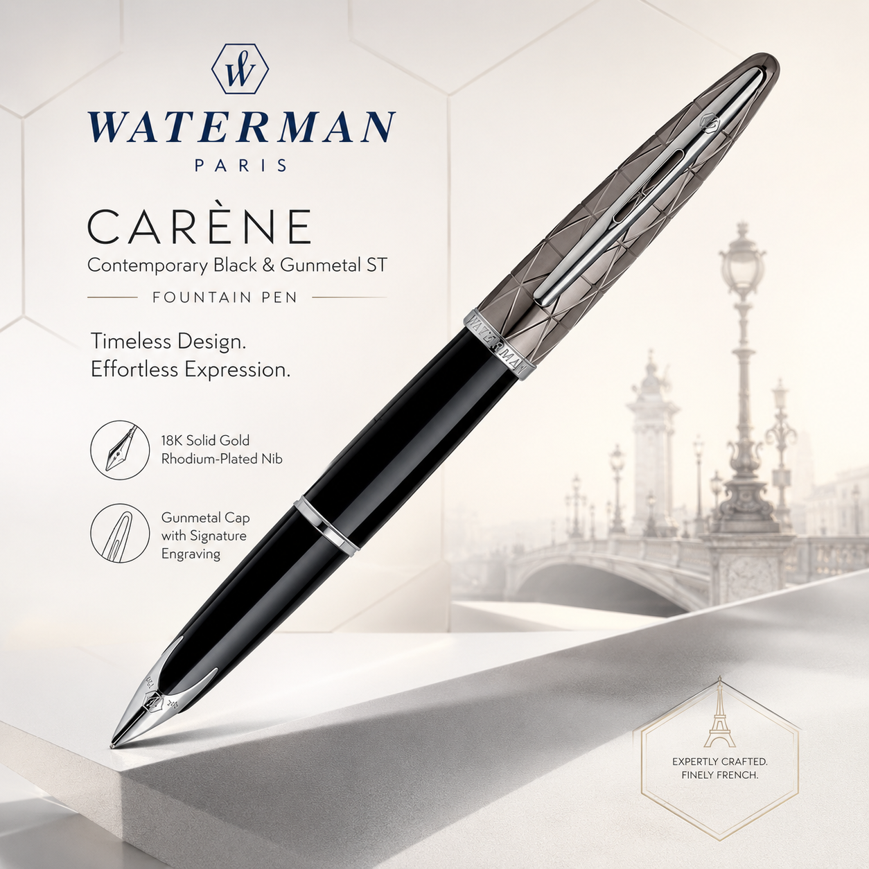 Waterman Carène Contemporary Black & Gunmetal ST Fountain Pen – 18K Solid Gold Rhodium-Plated Medium Nib