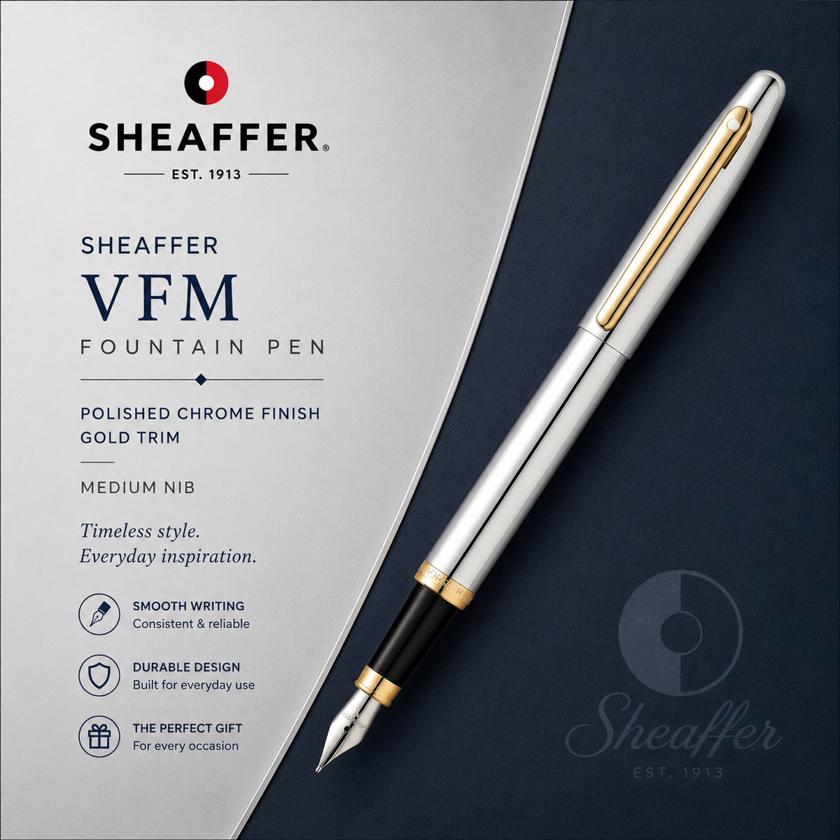 Sheaffer VFM Polished Chrome GT Fountain Pen – Medium Nib