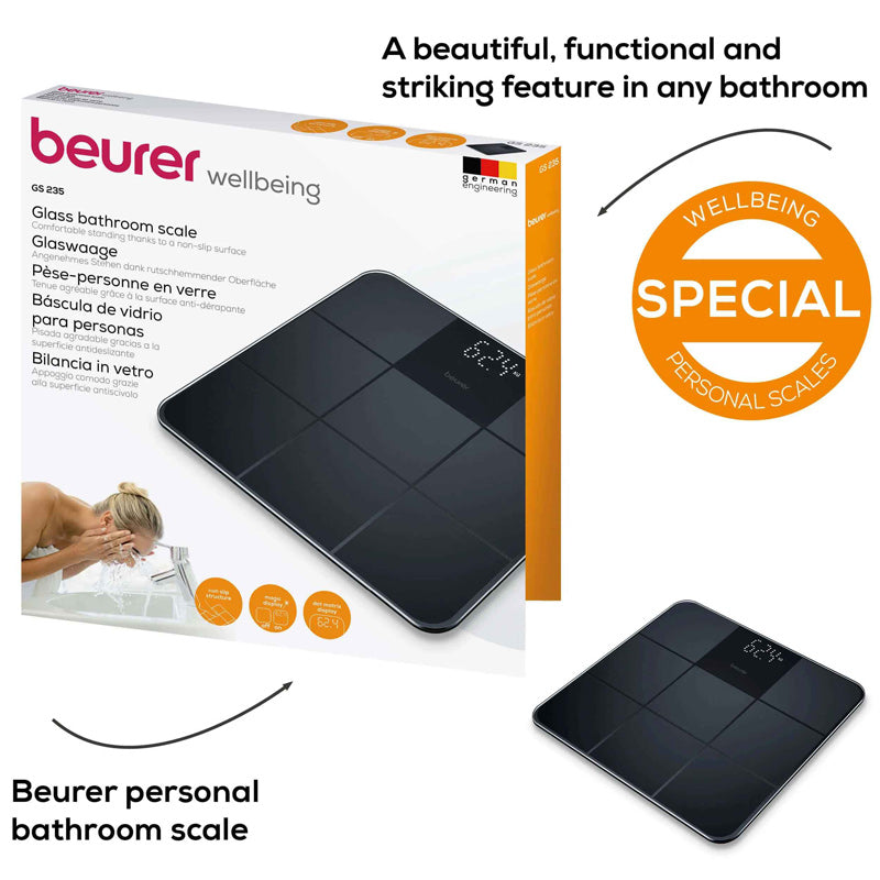 Beurer GS 235 digital glass bathroom scale with magic display, black scale, additional angle