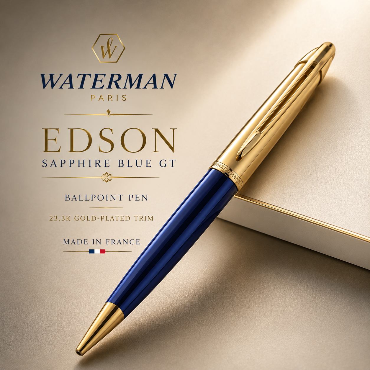 Waterman Edson Sapphire Blue GT Ballpoint Pen – 23.3K Gold-Plated Trim | Made in France