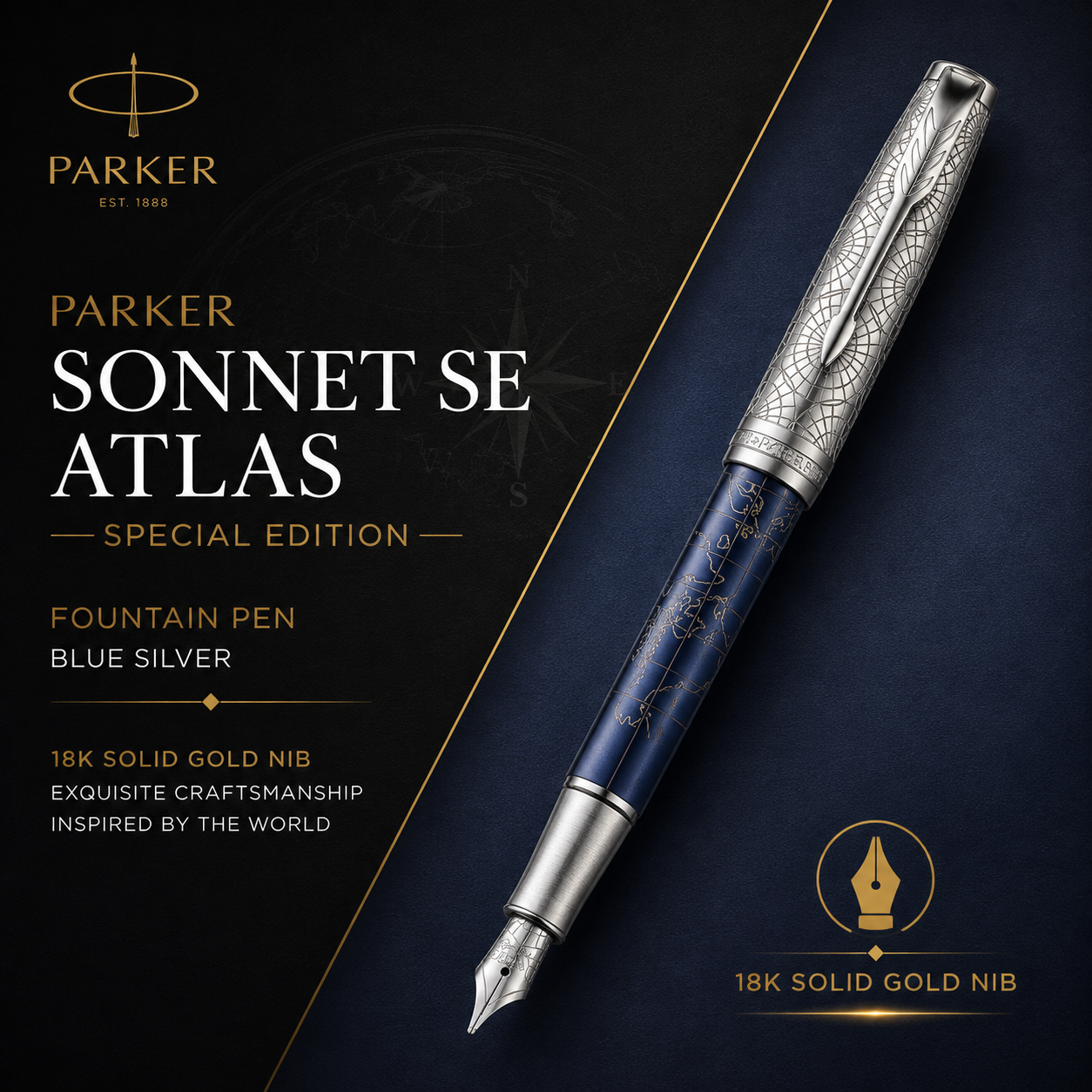 Parker Sonnet SE Atlas Fountain Pen – Blue Silver | 18K Gold Nib (Medium)