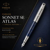 Parker Sonnet SE Atlas Fountain Pen – Blue Silver | 18K Gold Nib (Medium)