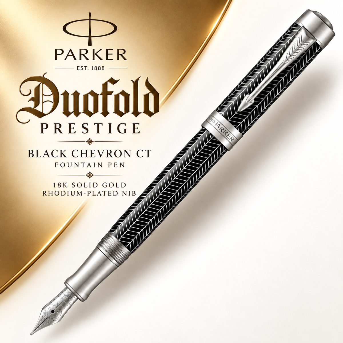 Parker Duofold Prestige Black Chevron CT Fountain Pen - 18K Solid Gold Rhodium-Plated Medium Nib