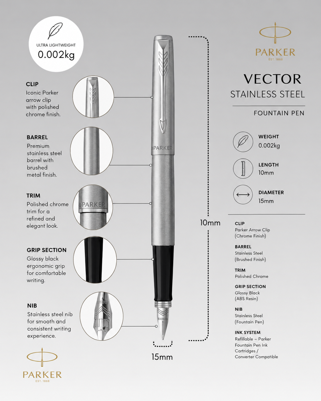 Parker Jotter Core Fountain Pen – Stainless Steel with Chrome Trim | Premium Fountain Pen