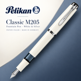 Pelikan Classic M205 Fountain Pen – White & Silver | Piston Filler | Made in Germany