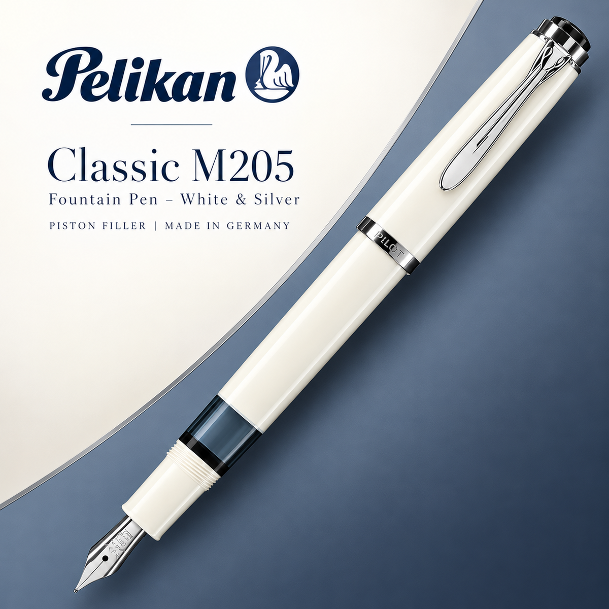 Pelikan Classic M205 Fountain Pen – White & Silver | Piston Filler | Made in Germany