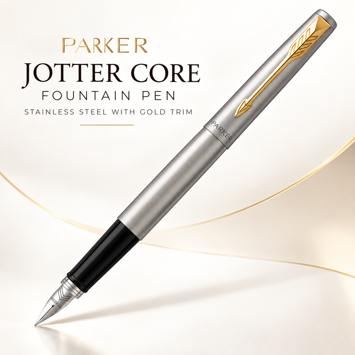 Parker Jotter Core Fountain Pen – Stainless Steel with Gold Trim
