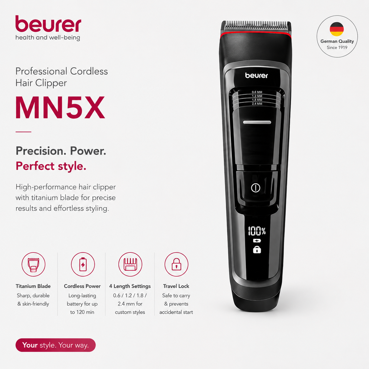 Beurer MN5X Professional Cordless Hair Clipper with Titanium Blade