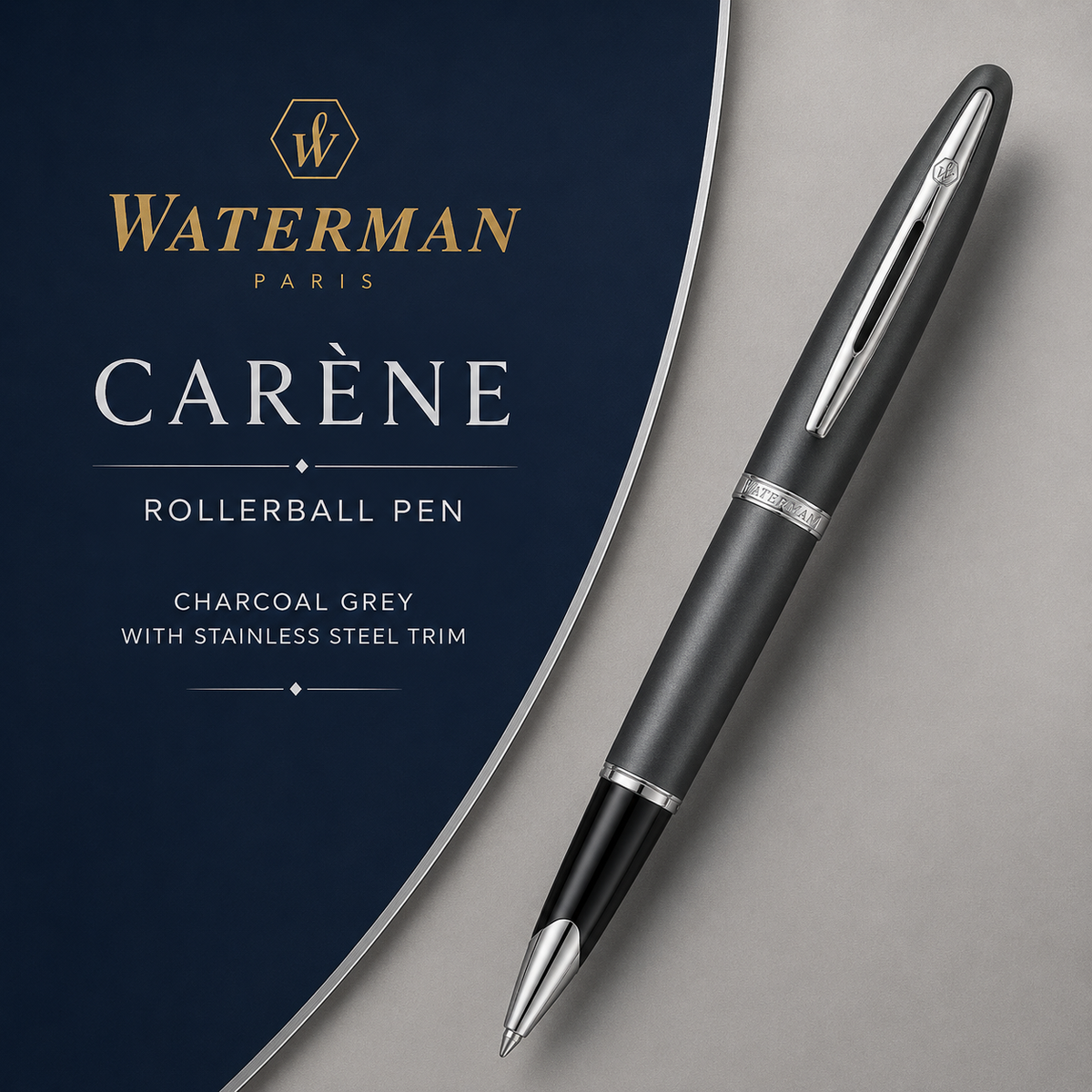 Waterman Carène Rollerball Pen – Charcoal Grey with Stainless Steel Trim
