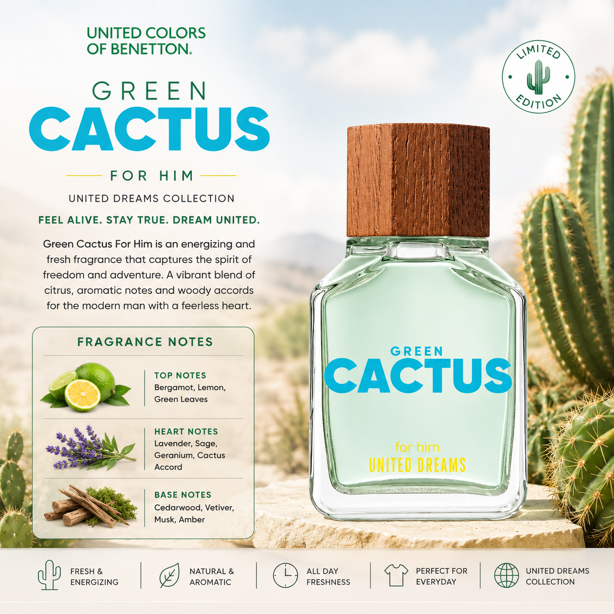 Benetton Masculino Cactus EDT 100ml, men's fragrance bottle