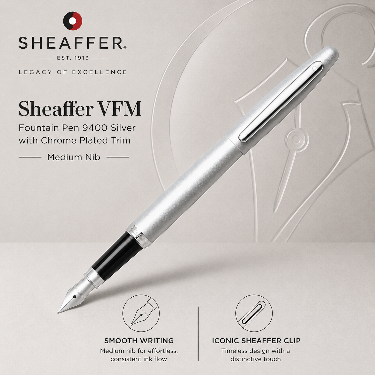 Sheaffer VFM Fountain Pen 9400 Silver with Chrome Plated Trim | Medium Nib