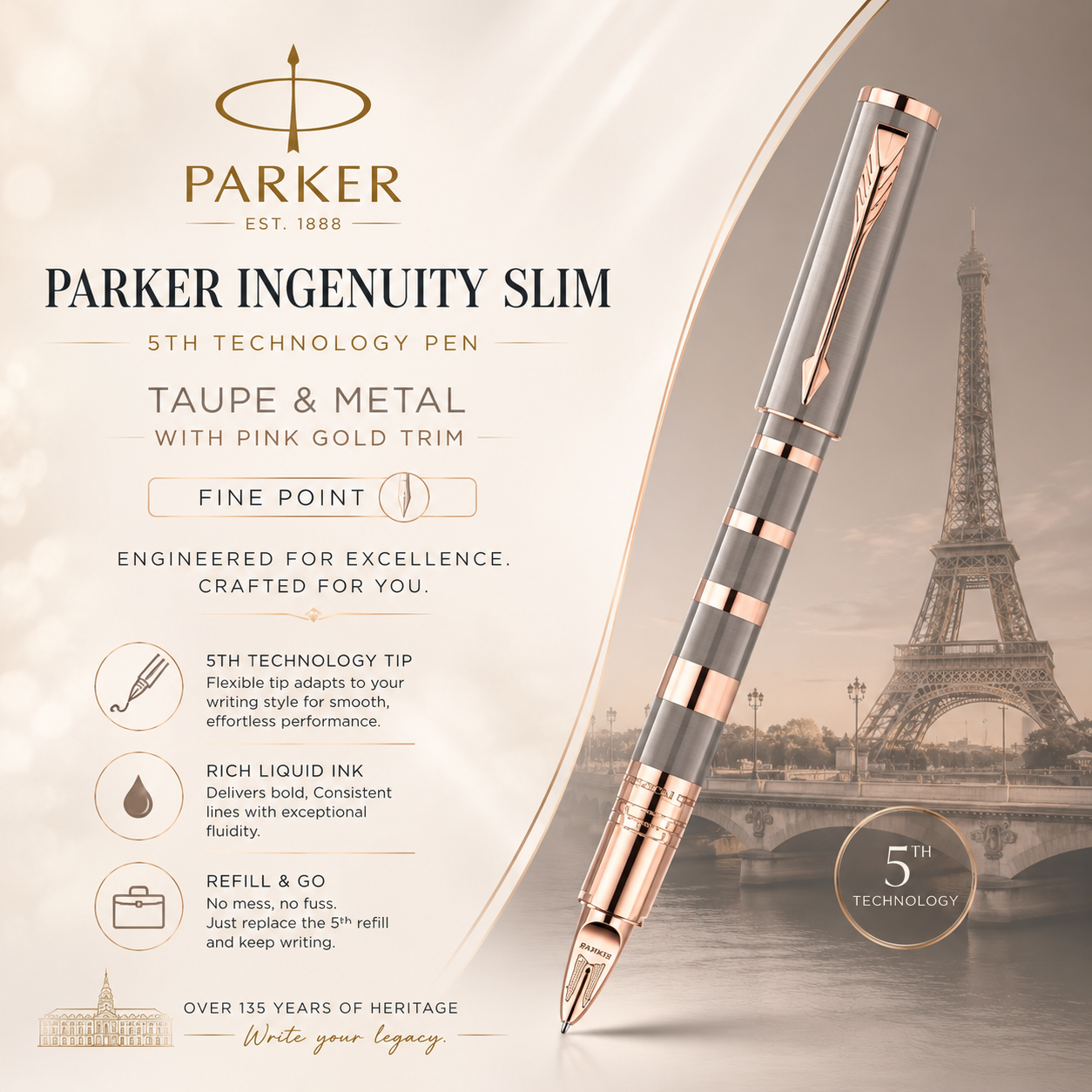 Parker Ingenuity Slim 5th Technology Rollerball Pen | Taupe & Metal GT, Fine