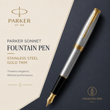 Parker Sonnet Stainless Steel GT Fountain Pen – Medium Nib & 23K Gold-Plated Trim