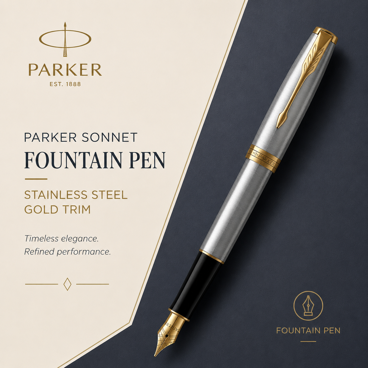 Parker Sonnet Stainless Steel GT Fountain Pen – Medium Nib & 23K Gold-Plated Trim