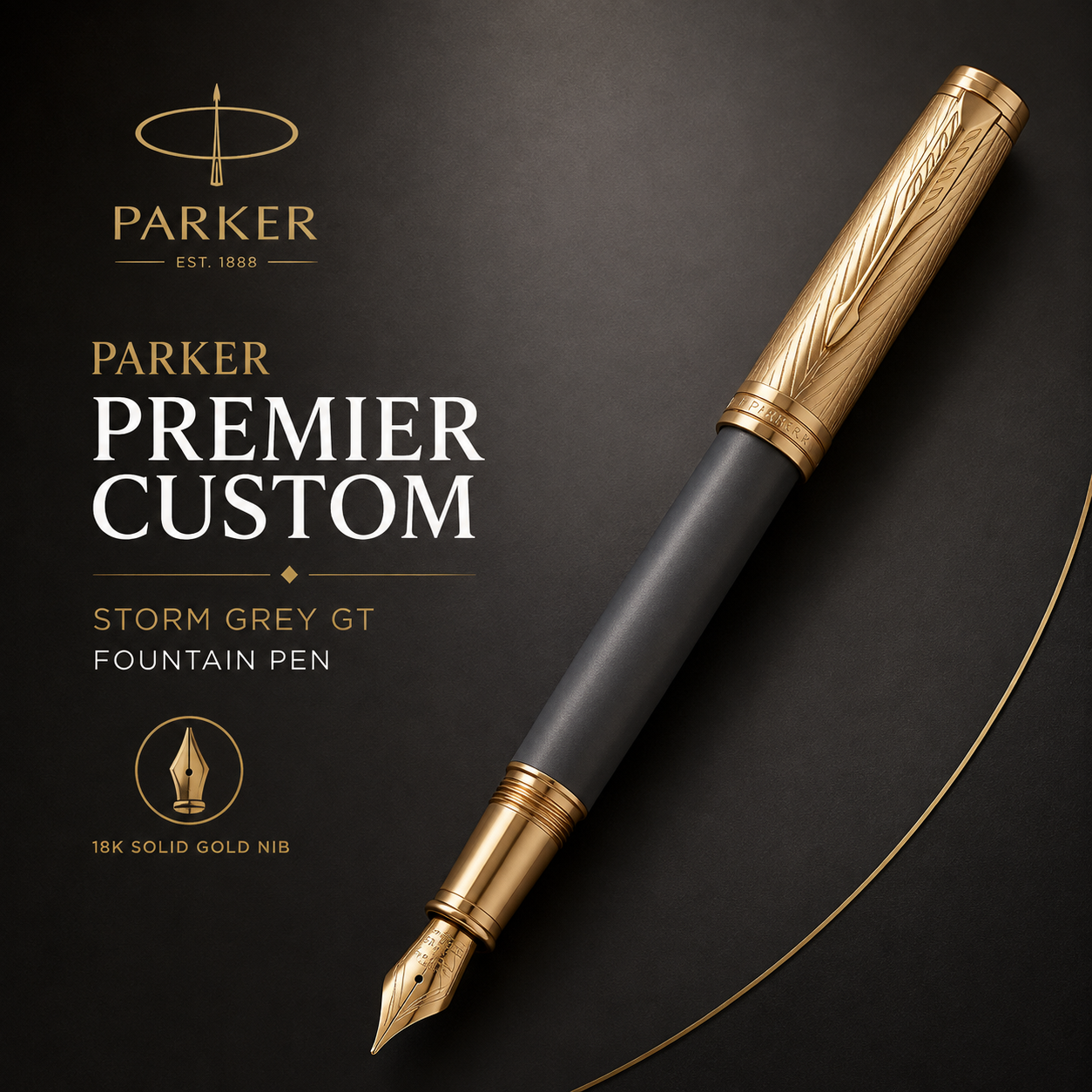 Parker Premier Custom Storm Grey GT Fountain Pen – Fine Nib, Made in France