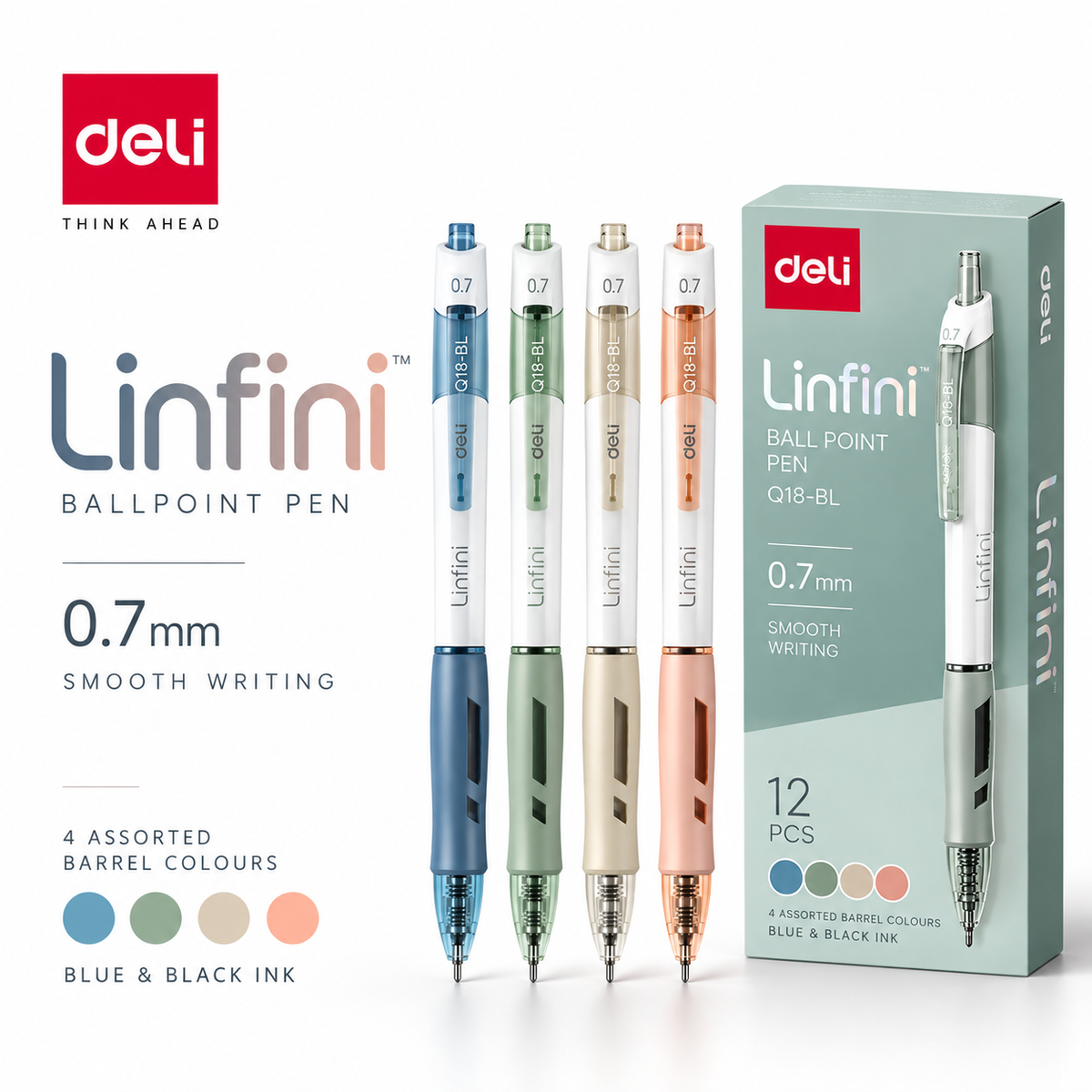 Deli Linfini Ballpoint Pen – 0.7mm | 4 Assorted Barrel Colours (Blue & Black Ink)