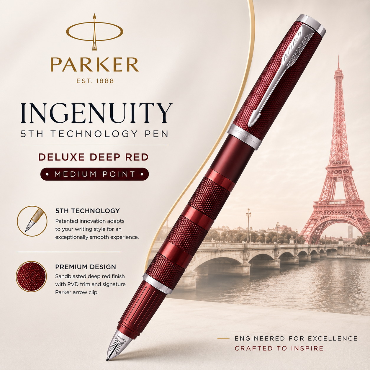Parker Ingenuity Deluxe 5th Technology Rollerball Pen | Deep Red, Fine