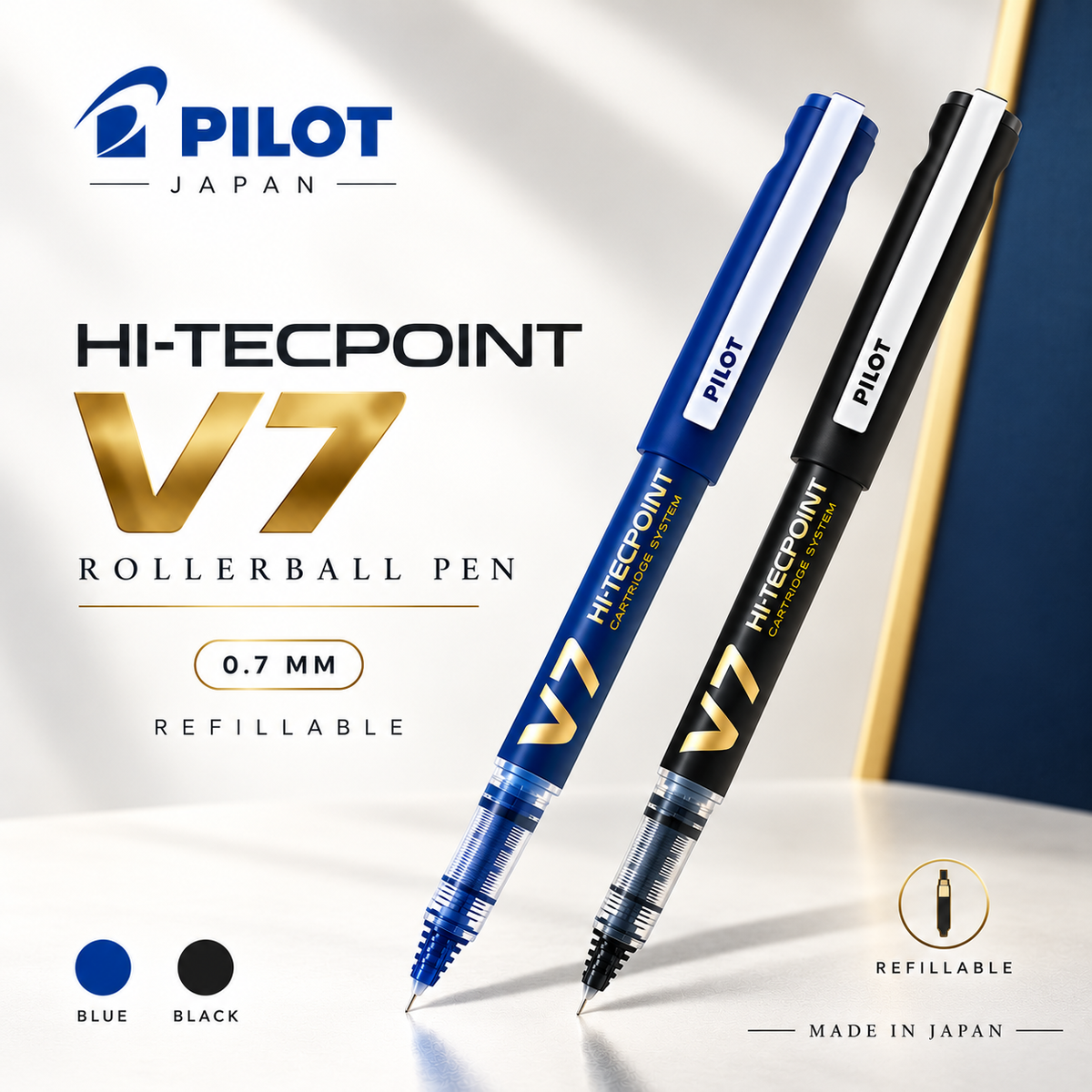 Pilot Hi-Tecpoint V7 Rollerball Pen – Blue & Black | Refillable Liquid Ink