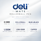 Deli Matte Rollerball Pen – 0.5mm (Blue & Black Ink)