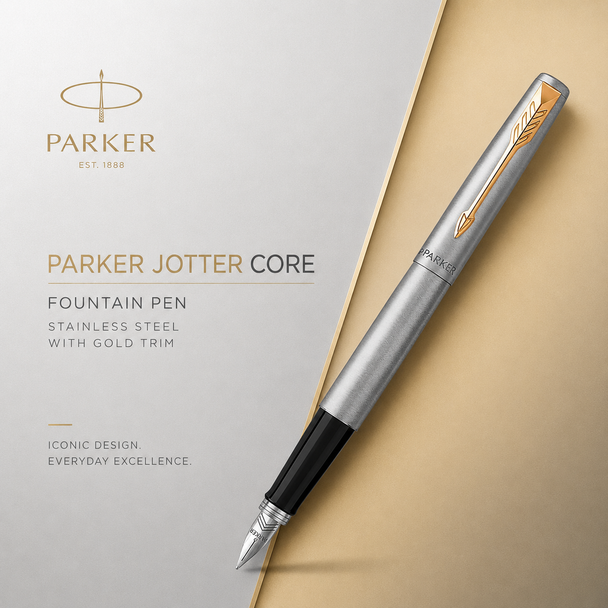Parker Jotter Core Fountain Pen – Stainless Steel with Gold Trim | Premium Fountain Pen