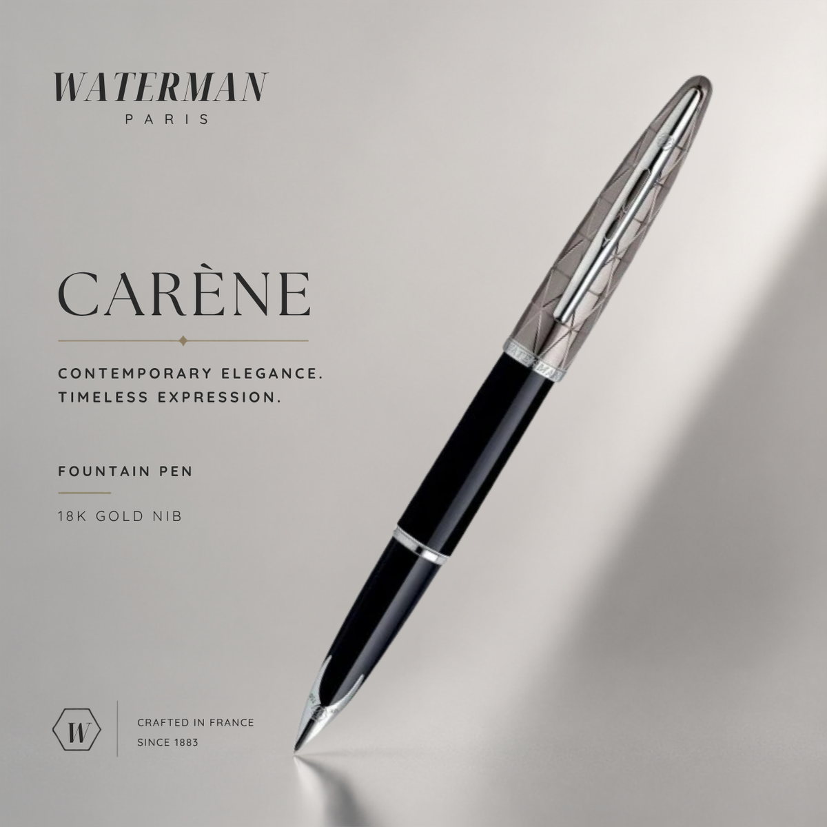 Waterman Carène Fountain Pen – Contemporary Black & Gunmetal (18K Gold Nib)