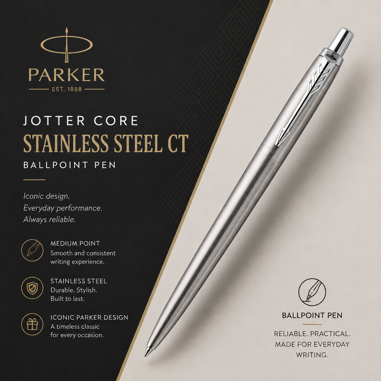 Parker Jotter Core Stainless Steel CT Ballpoint Pen – Medium
