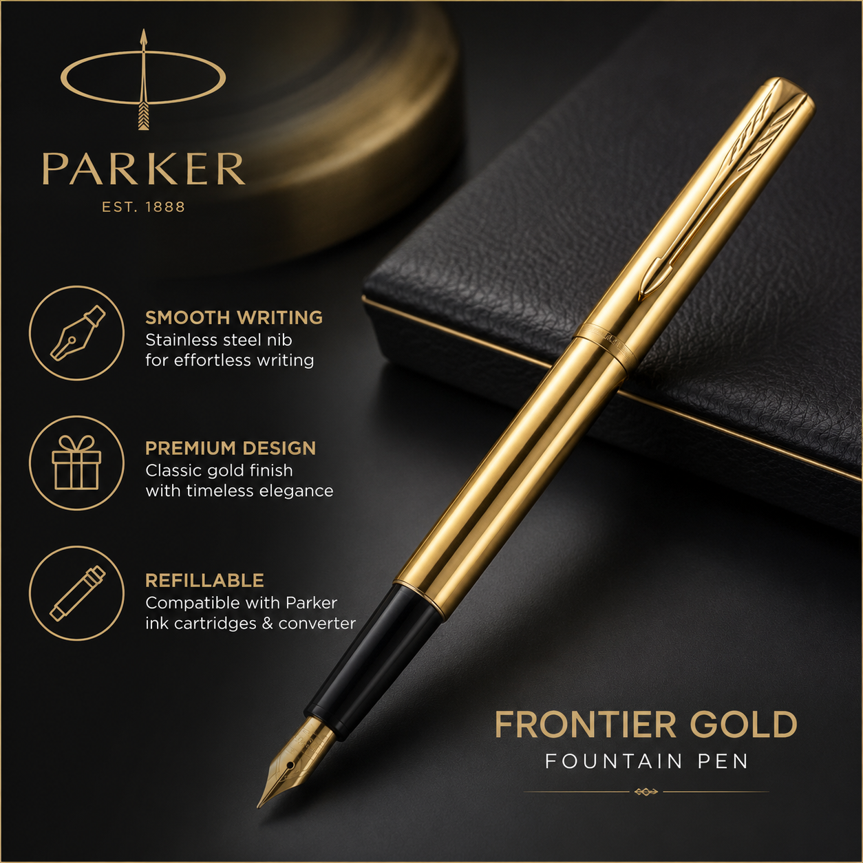 Parker Frontier Gold Fountain Pen – Fine Nib, Blue Ink