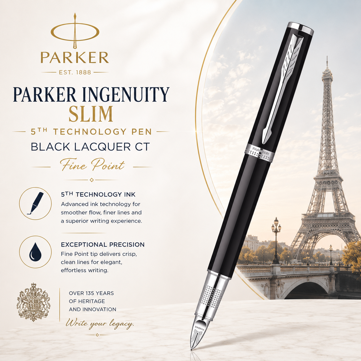 Parker Ingenuity Slim 5th Technology Rollerball Pen | Black Lacquer CT, Fine