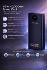 ROMOSS 40000mAh 65W Power Bank – Ultra Fast PD Charging for Laptop & Mobile | Original