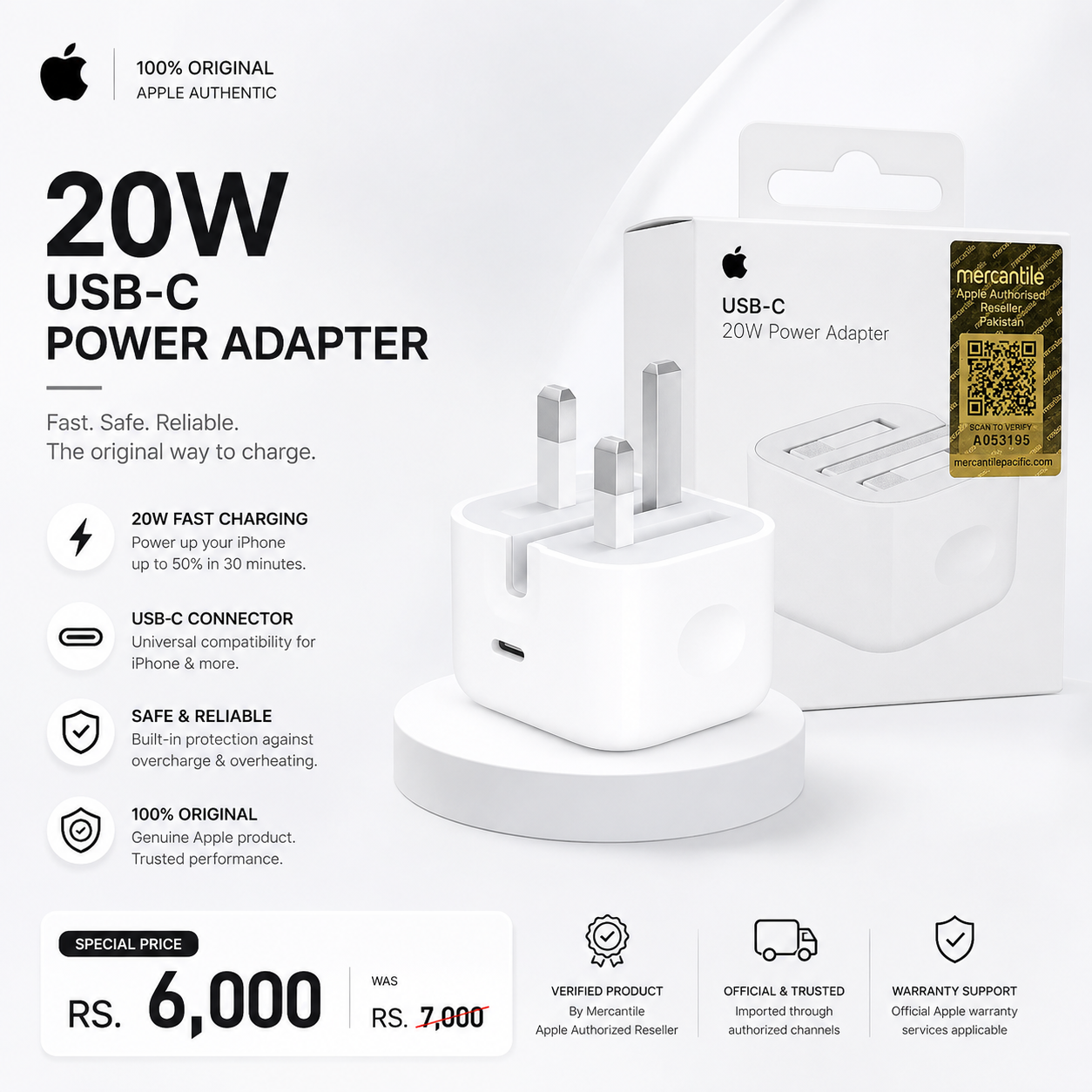 Apple iPhone 20W USB-C Power Adapter (US Plug) – Original Fast Charger. 100%Original