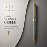 Parker Sonnet Ciselé Sterling Silver GT Slim Ballpoint Pen