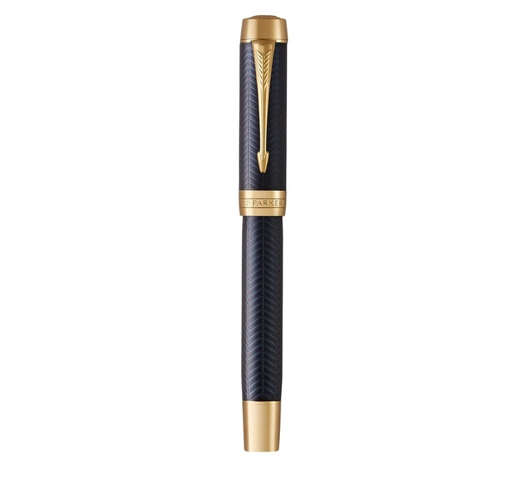 Parker Duofold Prestige Blue Chevron GT Fountain Pen – 18K Solid Gold Two-Tone Medium Nib