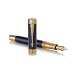 Parker Duofold Prestige Blue Chevron GT Fountain Pen – 18K Solid Gold Two-Tone Medium Nib
