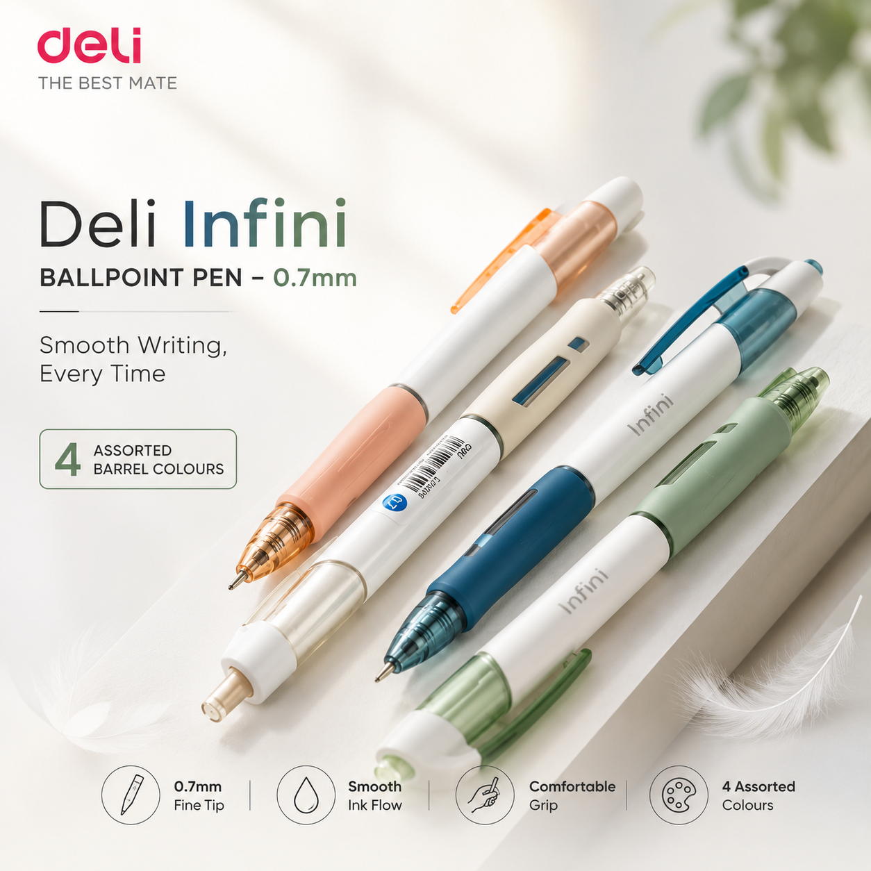 Deli Infini Ballpoint Pen – 0.7mm | 4 Assorted Barrel Colours (Blue & Black Ink)