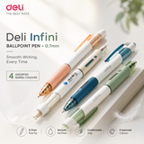 Deli Infini Ballpoint Pen – 0.7mm | 4 Assorted Barrel Colours (Blue & Black Ink)