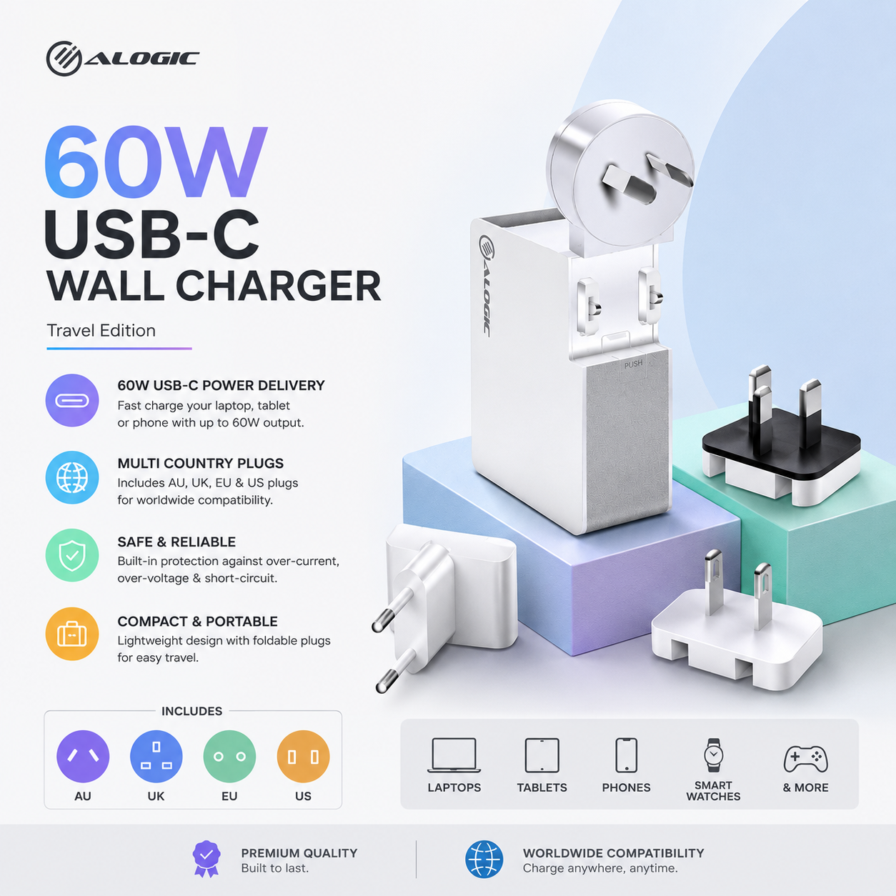 60W USB-C Laptop/MacBook Wall Charger with USB-C Charging Cable – Travel Edition (Original)
