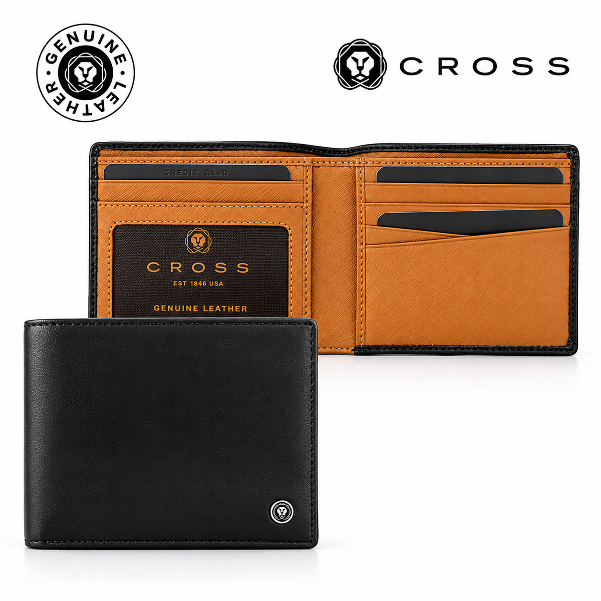 Cross Soft Grain Leather Bifold Wallet - Black/Mocha, 8CC