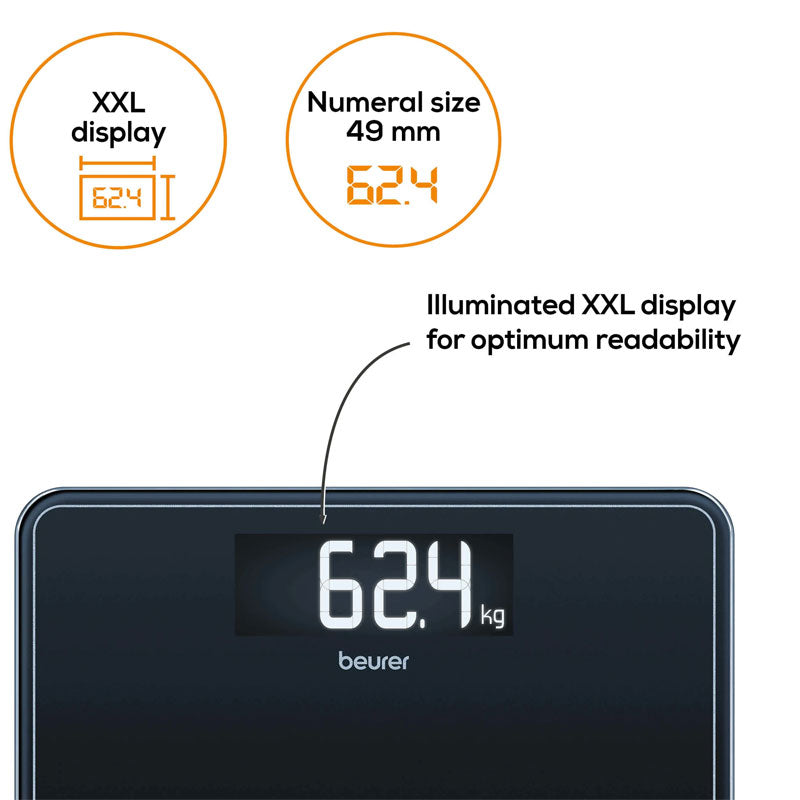 Beurer GS 410 digital glass bathroom scale in black, tempered glass scale, additional angle