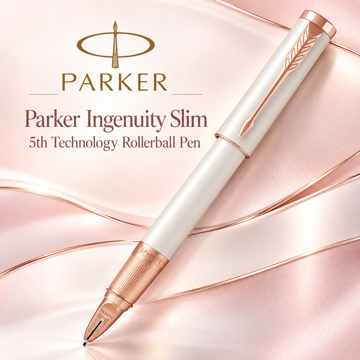 Parker Ingenuity Slim 5th Technology Rollerball Pen | Pearl & Pink Gold Trim, Fine