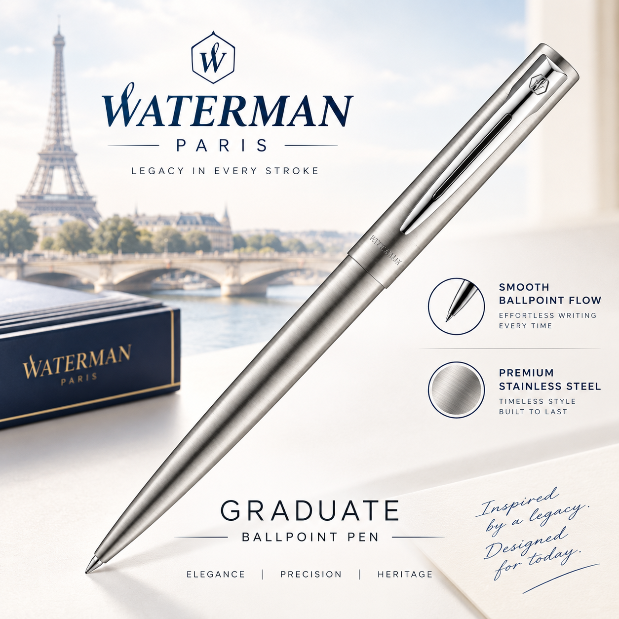 Waterman Graduate Stainless Steel Ballpoint Pen – Brushed Chrome | Medium Point | Blue Ink