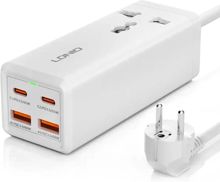 LDNIO Desktop Power Strip – 1 AC Outlet, 2 USB-A, 2 USB-C, 2500W (White)