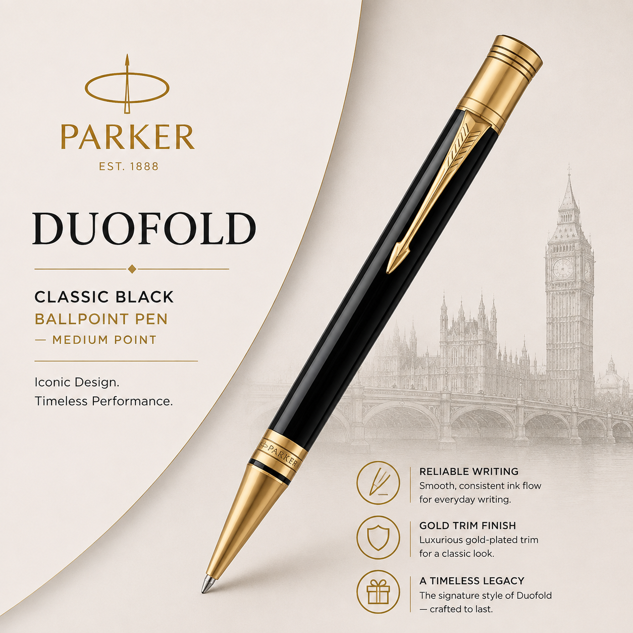 Parker Duofold Ballpoint Pen — Classic Black | Gold Trim | Medium Point