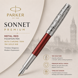 Parker Sonnet Premium Metal Red CT Gold nib 18k Fountain Pen - Metal & Red Satin Finish with Chrome Trim
