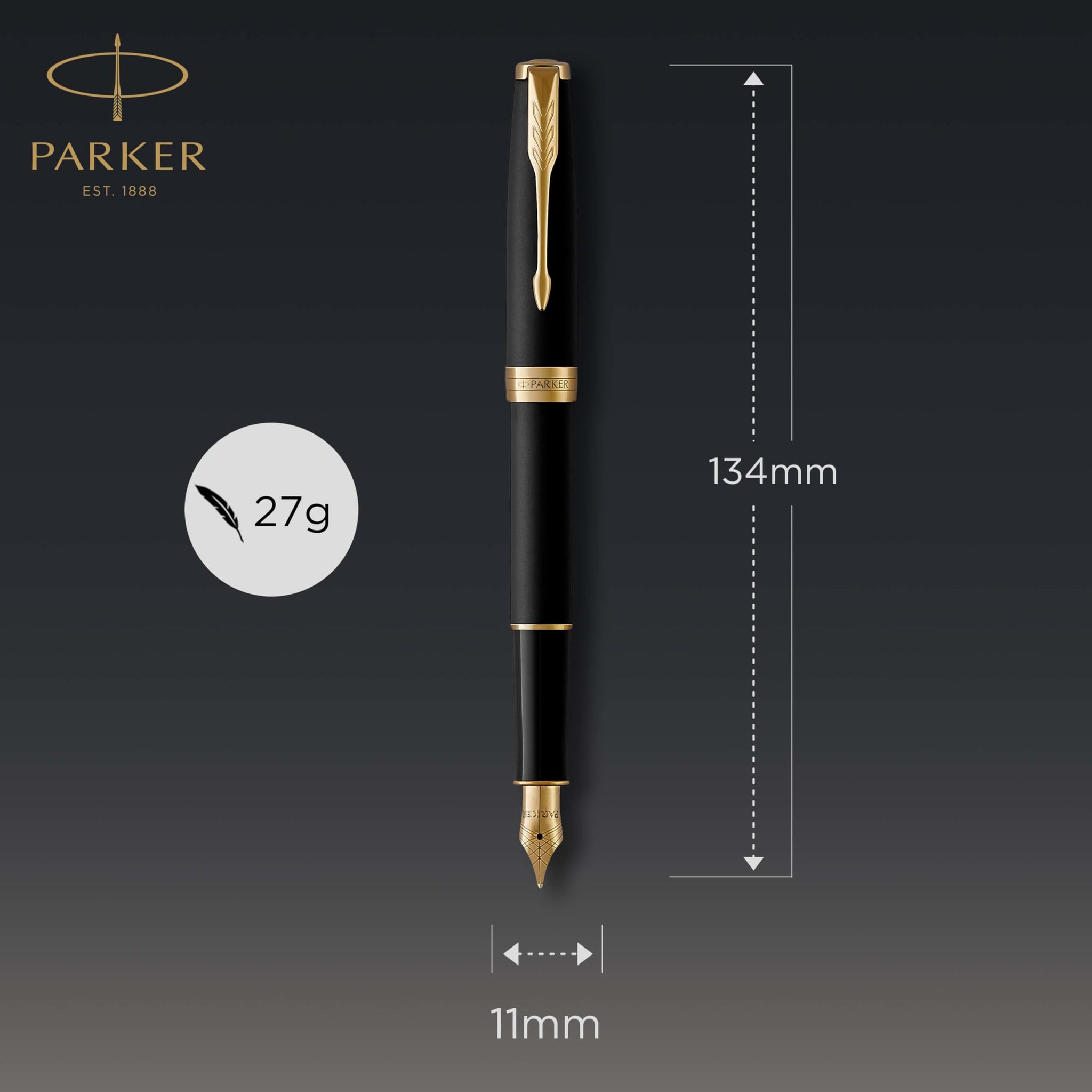 Parker Sonnet Matte Black Lacquer GT Fountain Pen – 18K Solid Gold Nib & Gold-Plated Trim